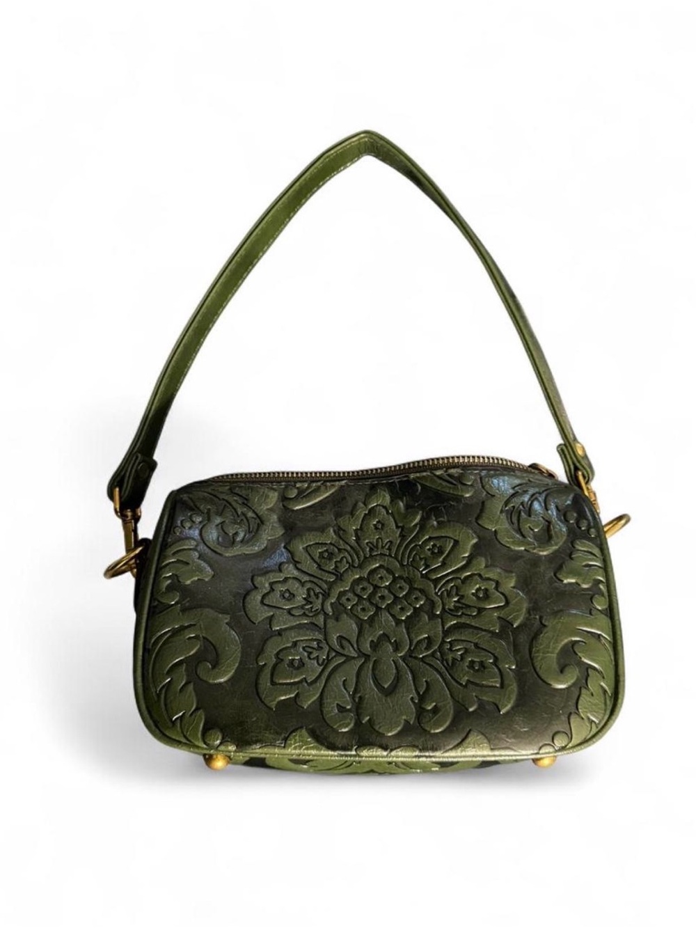 Green Floral-Embossed Shoulder Bag
